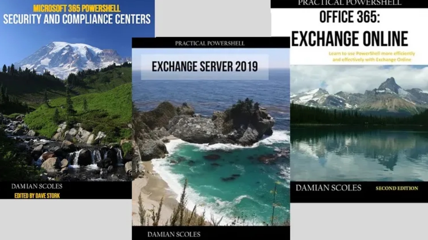 Practical PowerShell book covers of: Security and Compliance, Exchange Server 2019 and Exchange Online.