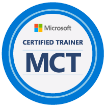 Microsoft Certified Trainer badge. White background, with large blue circle with the text Microsoft Certified Trainer MCT